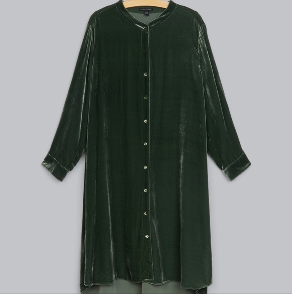 Eileen Fisher Mandarin Collar Long Line GreenVelvet TimelesButton-Up Shirt Dress - Picture 1 of 10